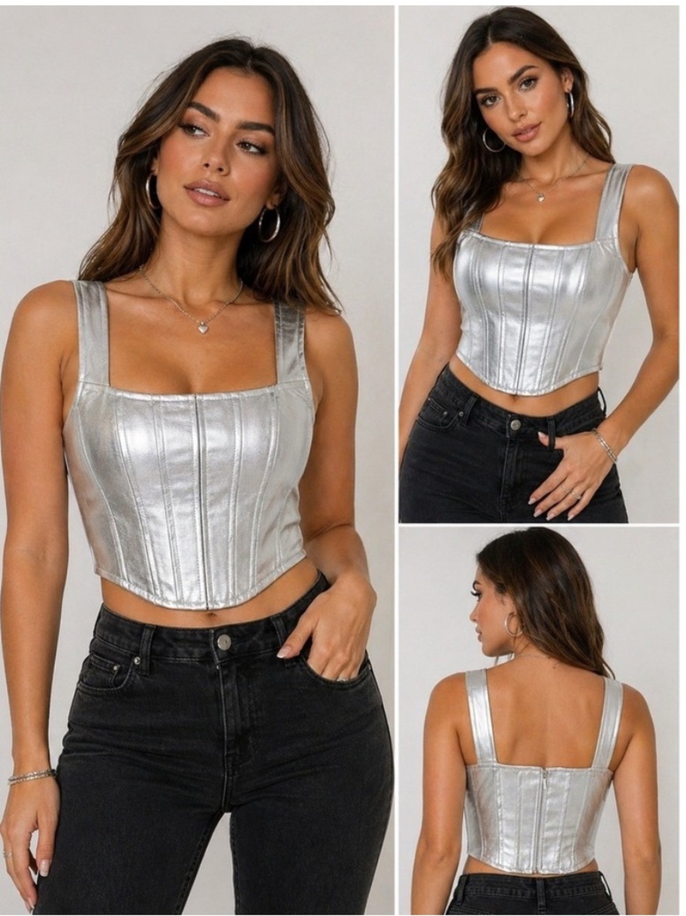 NWT! Japna Silver Metalic Corset Bustier Tank Top Cropped Sz Small Club